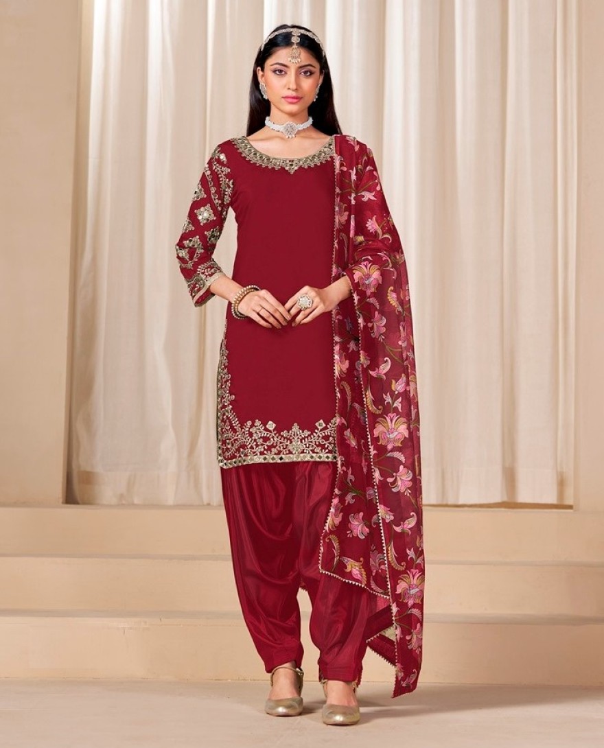 225-maroon - Mirror Work Maroon Embroidered Punjabi Suit